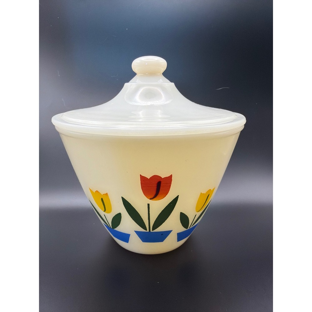 Vintage Fire-King Milk Glass Grease Jar with Lid Dutch Tulip Pattern Mid-Century